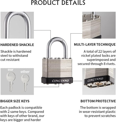 40Mm Keyed Alike Nickel Plated Laminated Steel Padlock, 1-9/16" Wide Body 1-Inch Shackle Padlocks with Keys Pack of 12